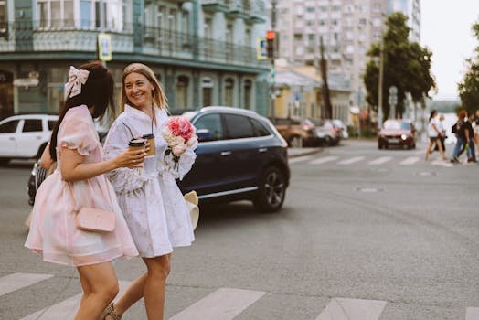 Two fashionable women happily walking on a city street with coffee and flowers.