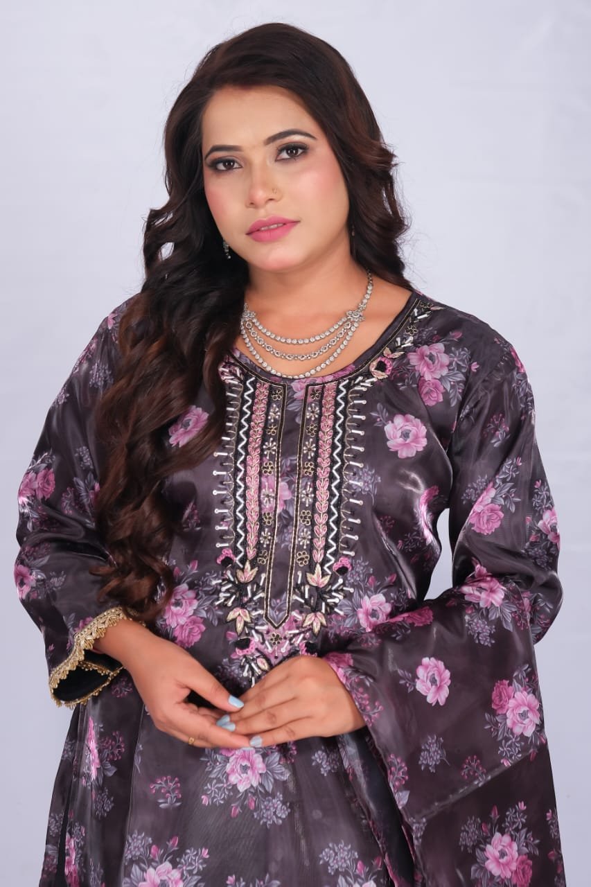 Shaandaar Black Floral Print Pant Suit Set | Handwork & Gota Patti